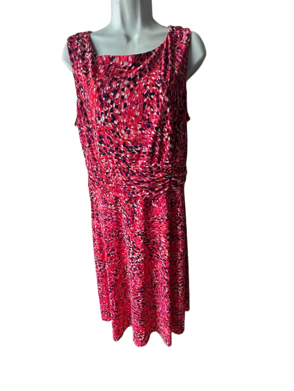 Jessica H. Pink Red Black Abstract Dot Midi Dress Size 14 Sleeveless Ruched